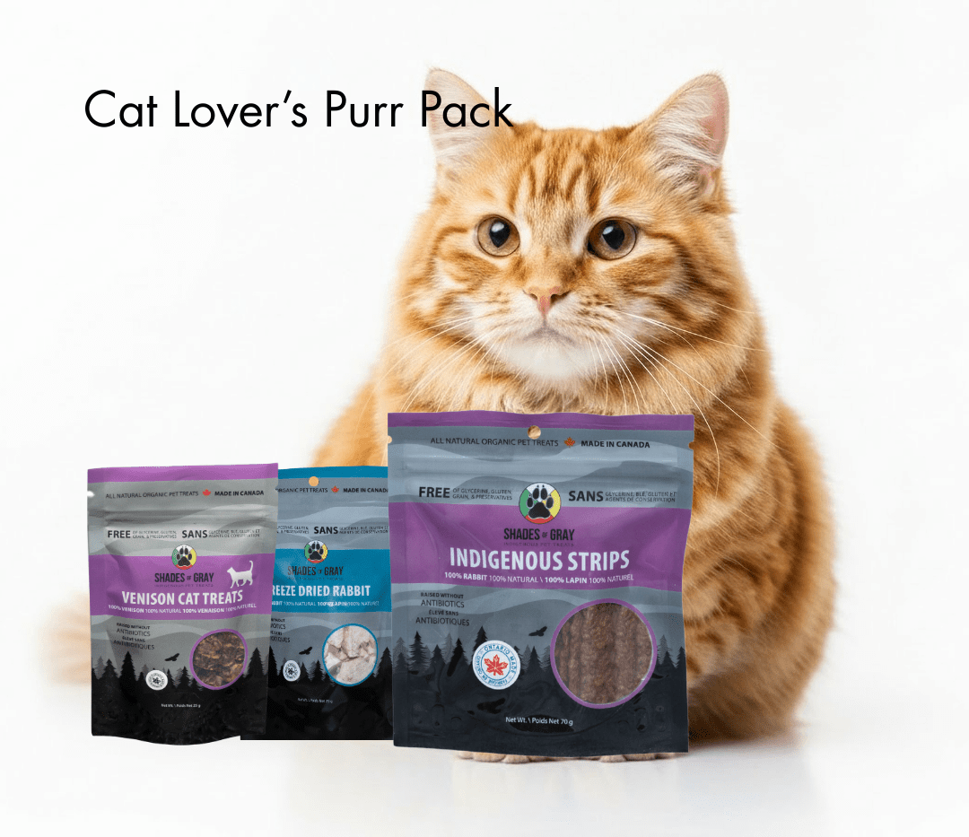 Cat treat variety pack from Shades of Gray featuring cat with Indigenous Strips, Freeze-Dried Rabbit, and Venison treats