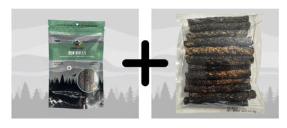 Photo is packaging of Elk Pet Treats - Elk Roll Eco Refill. Includes a 10pkg of elk rolls and a bulk package of 30 rolls.