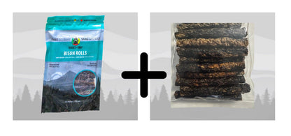 Bison Pet Treats - Rolls Eco Refill Photo of 10 package of Bison rolls and a Bulk package which includes 30 bulk bison rolls.