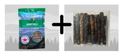 Photo is of Bulk Rabbit pet treats by Shades of Gray Indigenous Pet Treats – 10-pack Rabbit Rolls and 30 bulk rolls for cats and dogs, eco refill option.