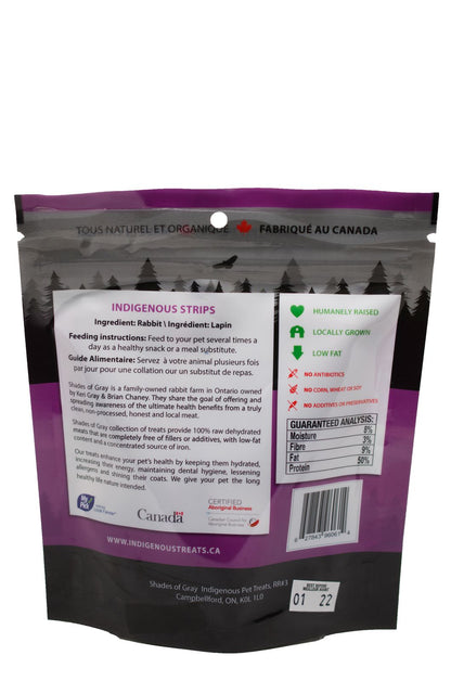 Rabbit Strip Pet Treats made with organic all natural 100% Rabbit, for your cats and dogs. Free of Glycerine, Gluten, Grain & Preservatives.