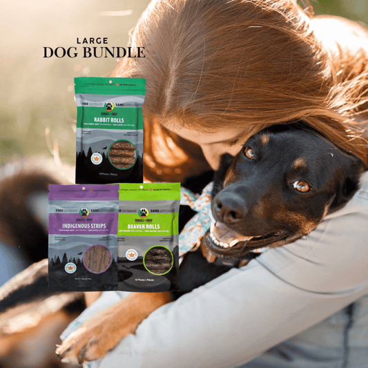 A woman with long auburn hair hugs a happy black and tan dog outdoors, beside the Shades of Gray Large Dog Bundle: a green bag of Rabbit Rolls, a purple bag of Indigenous Rabbit Strips, and a lime green bag of Beaver Rolls. Single-ingredient Canadian dog treats for large dogs.