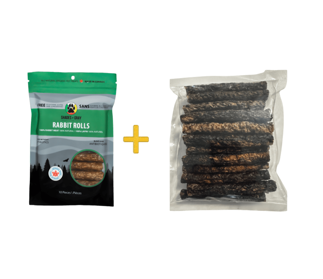 Shades of Gray Indigenous Pet Treats Photo of Bulk Rabbit pet treats by Shades of Gray Indigenous Pet Treats – 10-pack Rabbit Rolls and 30 bulk rolls for cats and dogs, eco refill option.