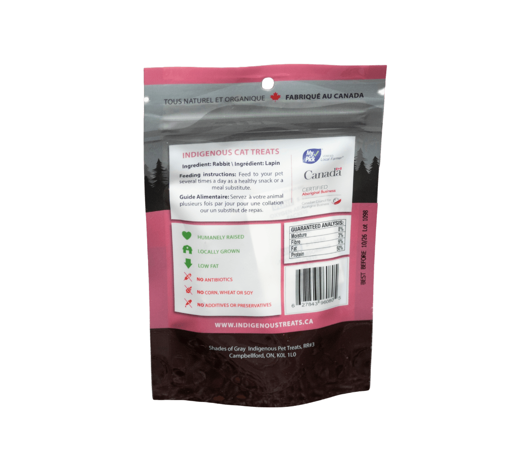 Back of Shades of Gray Indigenous Pet Treats - Indigenous Cat Treats packaging listing single ingredient (100% elk), guaranteed analysis, low fat content, feeding guidelines for cats, storage instructions.Rabbit Cat Treats made with organic all natural 100% Rabbit, for your cats. Free of Glycerine, Gluten, Grain & Preservatives.