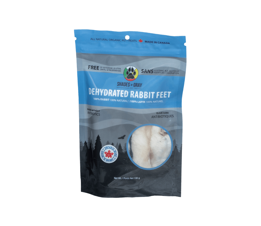 Shades of Gray Indigenous Pet Treats Rabbit Feet – naturally dehydrated whole Canadian rabbit feet with fur, single-ingredient, grain-free, high-protein dental chew and treat for dogs and cats