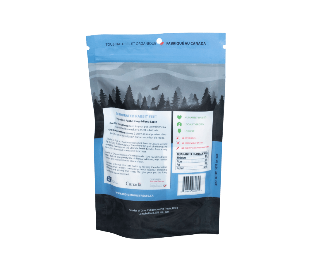 Close-up of Back of packing for Shades of Gray Indigenous Pet Treats Rabbit Feet – ethically sourced, whole dehydrated Canadian rabbit feet with natural fur, 100% single-ingredient, rich in glucosamine and chondroitin, acts as a natural toy and chew for dogs and cats. Shows feeding instructions and Nutritional content.