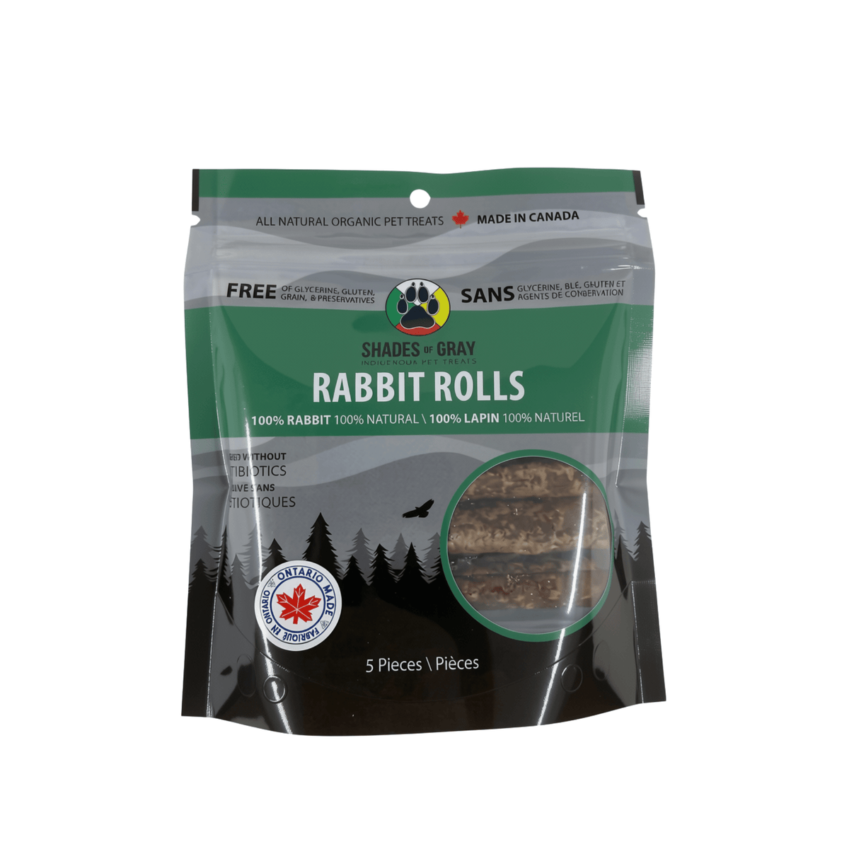 Front of a green Shades of Gray Rabbit Rolls bag, 5 pieces, with a window showing single-ingredient dehydrated rabbit rolls. 100% rabbit, raised without antibiotics, Ontario Made. Included in the Small Dog Bundle.