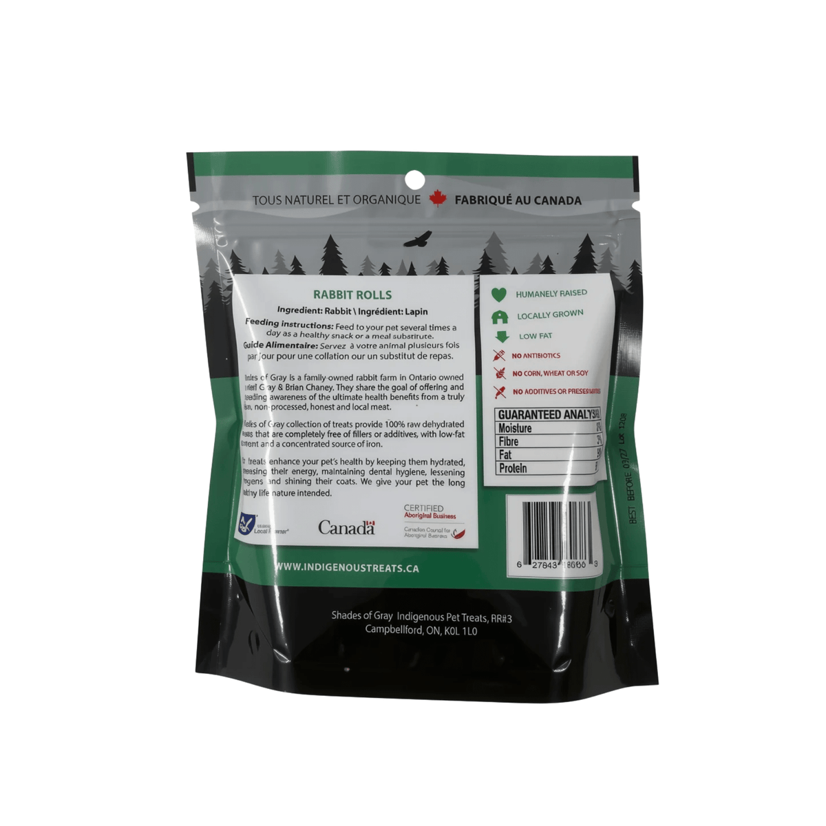 Back of a green Shades of Gray Rabbit Rolls bag, showing a single ingredient of rabbit, feeding instructions, and the guaranteed analysis panel. It lists humanely raised, locally grown, low fat, no antibiotics, no corn, wheat, or soy, and no additives or preservatives. Includes the Certified Aboriginal Business logo. Included in the Small Dog Bundle.