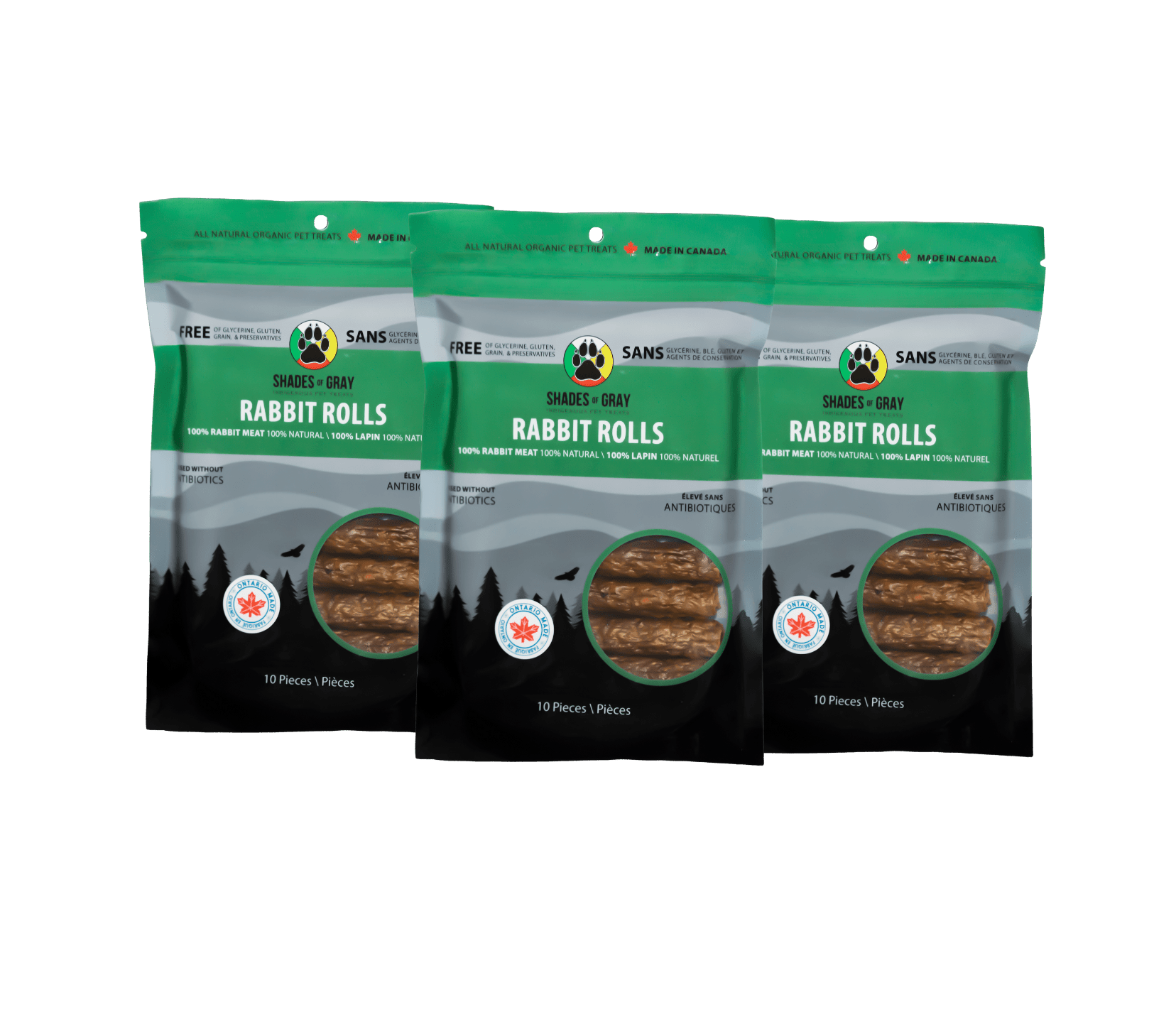 Three packs of Shades of Gray Indigenous Pet Treats Rabbit Rolls – pure organic rabbit meat treats for dogs and cats, completely natural and preservative-free