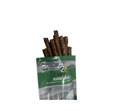 Open bag of Shades of Gray Indigenous Rabbit Rolls revealing long, natural 100% rabbit meat sticks – organic, grain-free dog and cat treats