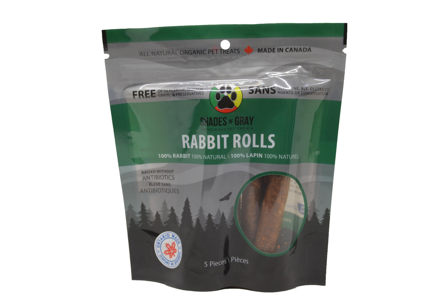 Front view of Shades of Gray Indigenous Pet Treats Rabbit rolls -this 5 pack is found in the small dog bundle and these rolls are made from single-ingredient rabbit, shown on a white background.