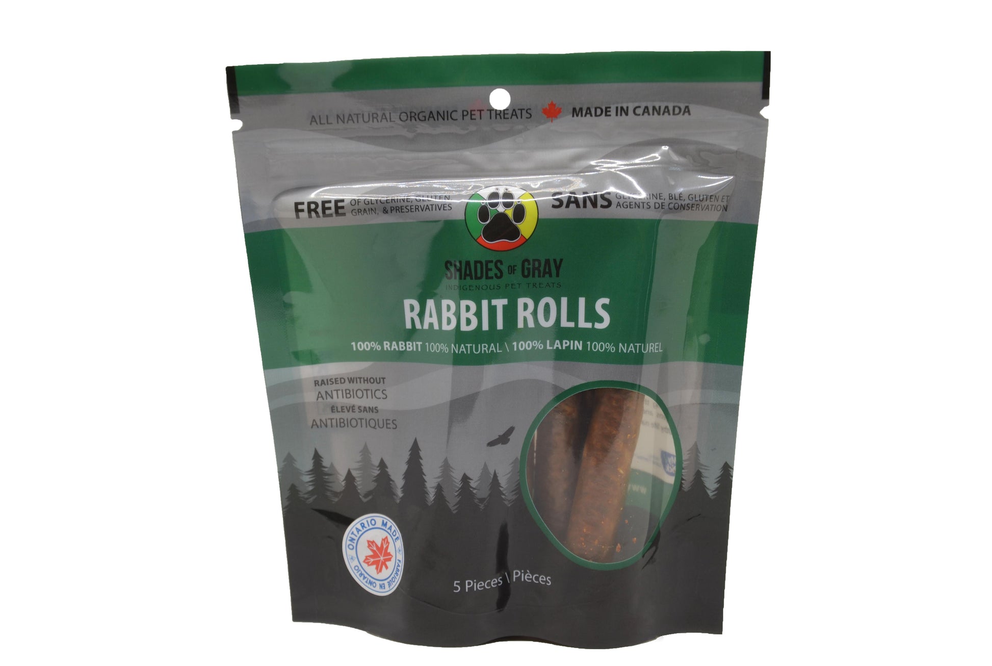 Front view of Shades of Gray Indigenous Pet Treats Rabbit rolls -this 5 pack is found in the small dog bundle and these rolls are made from single-ingredient rabbit, shown on a white background.