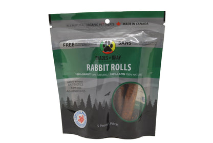 Front view of Shades of Gray Indigenous Pet Treats Rabbit rolls -this 5 pack is found in the small dog bundle and these rolls are made from single-ingredient rabbit, shown on a white background.