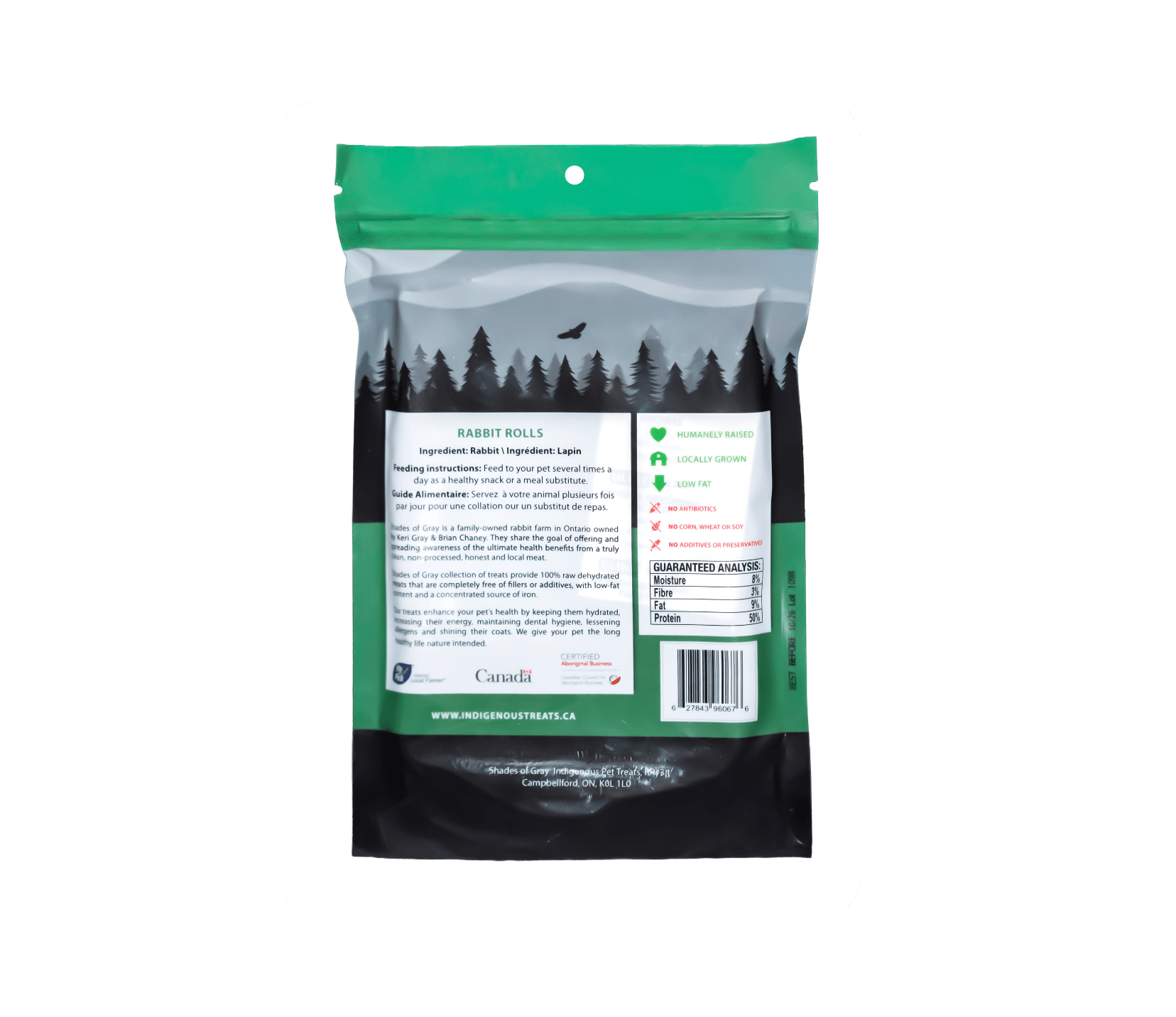 Shades of Gray Rabbit Rolls ingredients: 100% organic rabbit meat only – no grain, gluten, glycerine, or preservatives