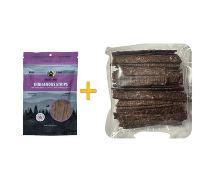 Close-up of Shades of Gray Indigenous Pet Treats Bulk bag of Indigenous Rabbit Strips – Training pet treats made from 100% ethically sourced Canadian rabbit, all-natural single-ingredient with zero glycerin, gluten, grain, or preservatives. Ideal high-value training treat, meal topper, or hypoallergenic reward for dogs and cats. Photo shows a 100g resealable bag of Indigenous Strips plus a bulk bag of 300g full of strips.