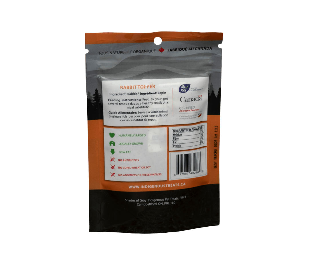 Rear panel of Shades of Gray Rabbit Topper bag in matte grey/orange design with white typography. Lists single ingredient: "Rabbit," full guaranteed analysis (e.g., protein 50%,  fat 9%, Fibre 3%, Moisture 8%), detailed feeding guidelines for dogs and cats by weight, safe handling and storage tips, barcode, net weight (3 oz), and a note on ethical Indigenous-sourced Canadian rabbit with the Shades of Gray logo and contact info.