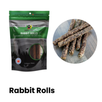 Rabbit Roll Pet Treats made with organic all natural 100% Rabbit, for your cats and dogs. Free of Glycerine, Gluten, Grain & Preservatives.