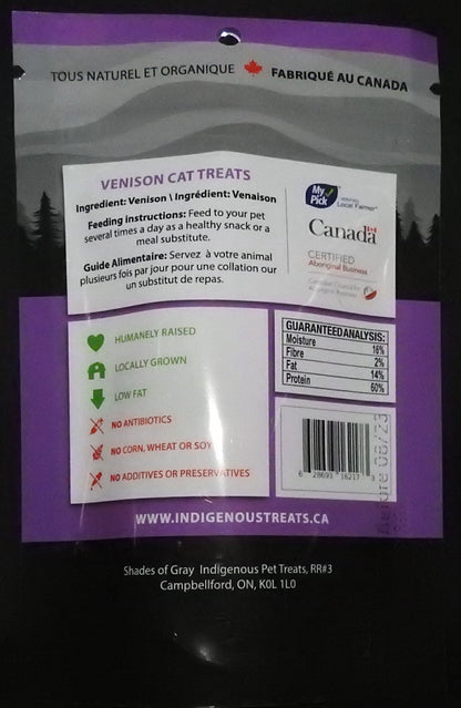 Venison cat treats made with organic all natural 100% Venison, for your cats. Free of Glycerine, Gluten, Grain & Preservatives.