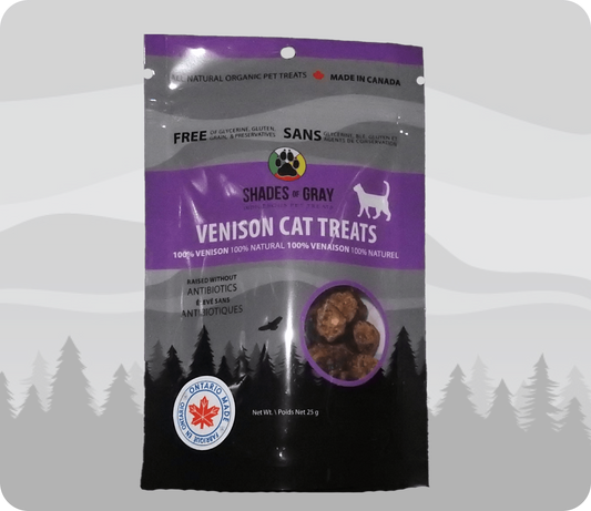 Venison cat treats made with organic all natural 100% Venison, for your cats. Free of Glycerine, Gluten, Grain & Preservatives.