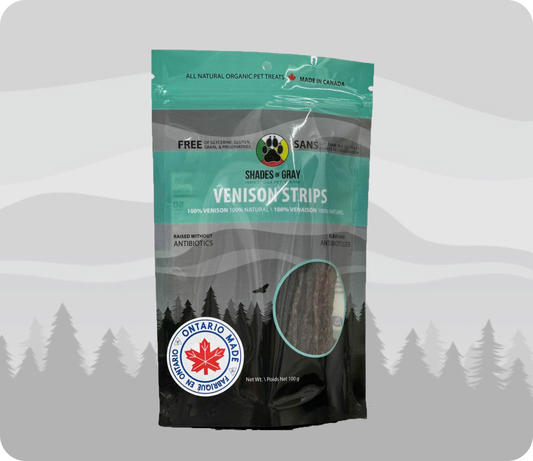 Venison Strips pet treats made with organic all natural 100% Venison, for your cats and dogs. Free of Glycerine, Gluten, Grain & Preservatives.