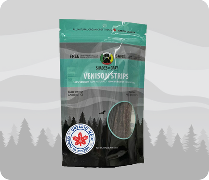 Venison Strip pet treats made with organic all natural 100% Venison, for your cats and dogs. Free of Glycerine, Gluten, Grain & Preservatives.