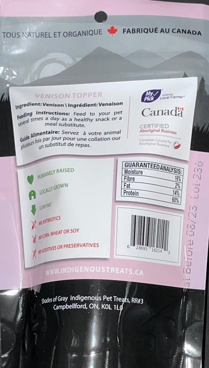 Venison Topper is made with organic all natural 100% Venison, for your cats and dogs. Free of Glycerine, Gluten, Grain & Preservatives.