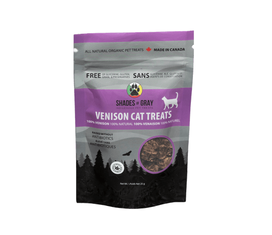 Shades of Gray Indigenous Pet Treats Venison cat treats made with organic all natural 100% Venison, for your cats. Free of Glycerine, Gluten, Grain & Preservatives.