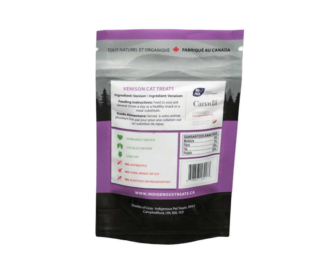 Back of Package for Venison cat treats made with organic all natural 100% Venison, for your cats. Free of Glycerine, Gluten, Grain & Preservatives. Shows feeding instructions and Guaranteed analysis. Made in Canada Product.
