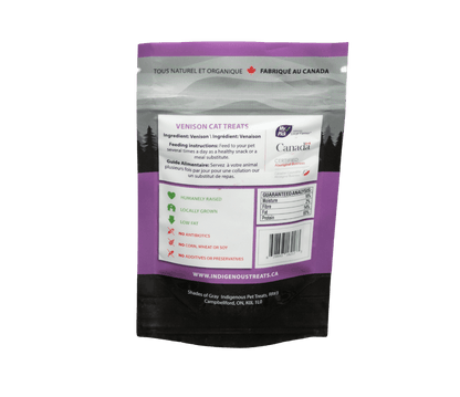 Back of Package for Venison cat treats made with organic all natural 100% Venison, for your cats. Free of Glycerine, Gluten, Grain & Preservatives. Shows feeding instructions and Guaranteed analysis. Made in Canada Product.