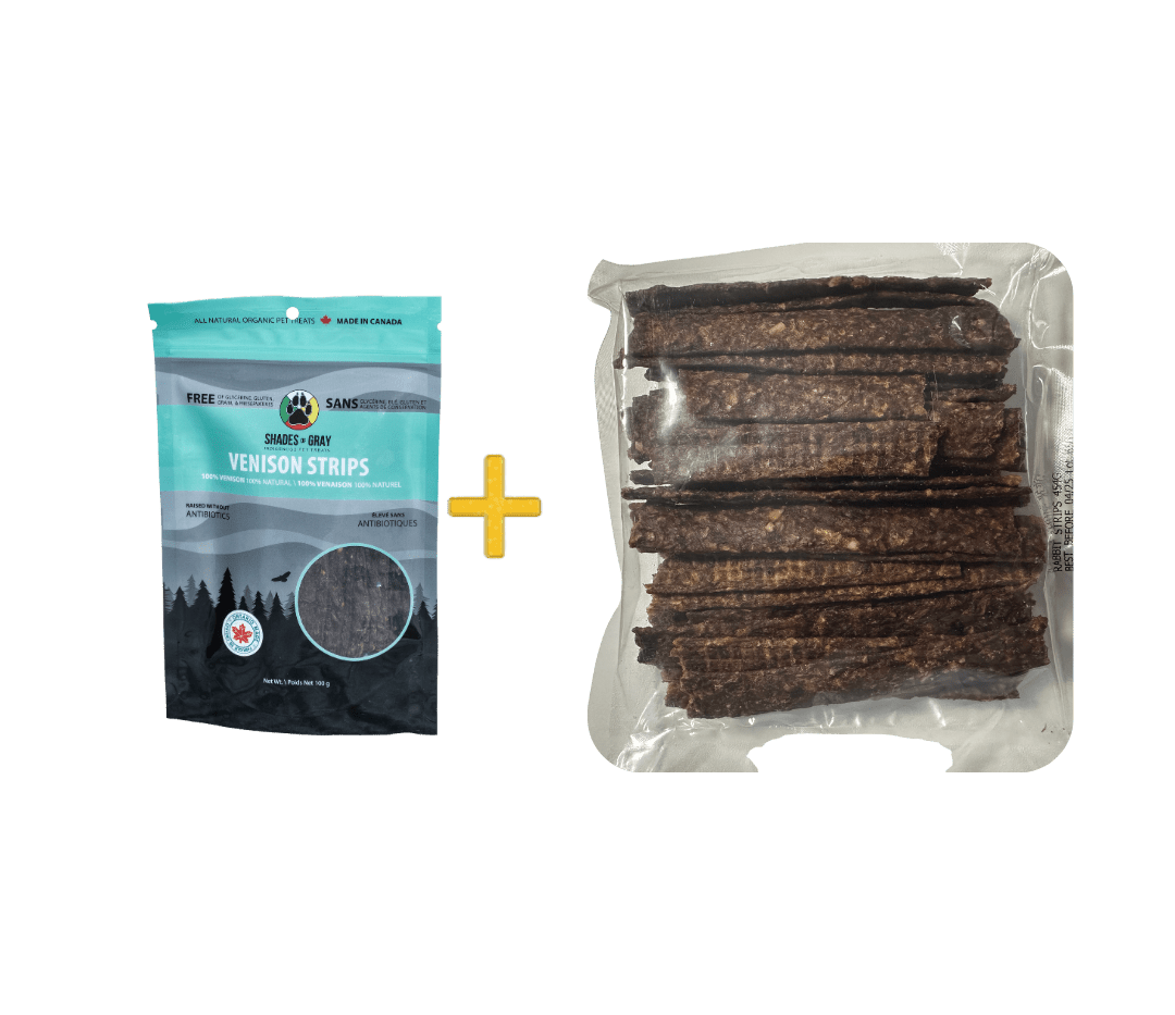 Shades of Gray Indigenous Pet Treats Photo is of Bulk Venison pet treats a 100g bag of Venison Strips and 300g of venison strips in a bulk bag for cats and dogs, eco refill option.