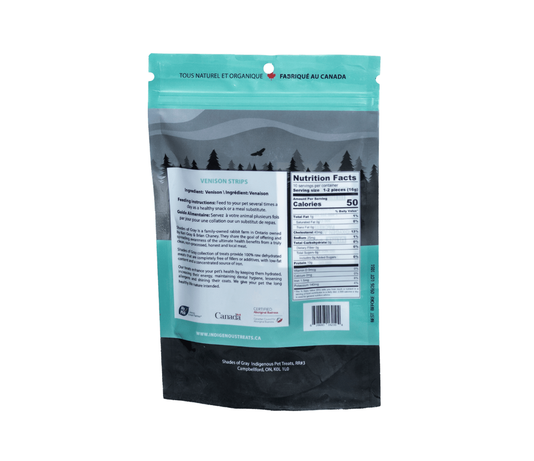 Back of Shades of Gray Indigenous by Nature Venison Strips packaging listing single ingredient (100% venison), guaranteed analysis, feeding guidelines, storage instructions, and Indigenous business sourcing story in clean black text on white background.