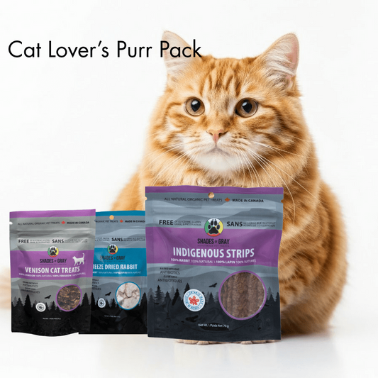 An orange tabby cat sits behind the Shades of Gray Cat Lover’s Purr Pack, a cat treat variety pack of three bags: Venison Cat Treats, Freeze-Dried Rabbit, and Indigenous Rabbit Strips. Single-ingredient cat treats made in Canada.