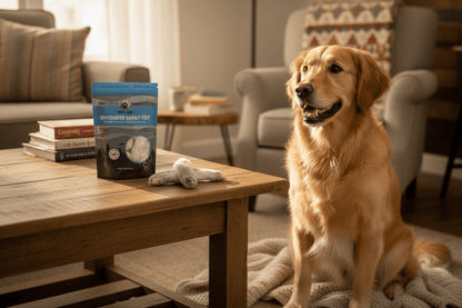 Dehydrated rabbit feet dog treats with packaging by Shades of Gray Indigenous Pet Treats, natural single-ingredient chews in home setting with happy dog