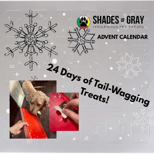 Shades of Gray Dog Christmas Advent Calendar with 24 numbered doors of single-ingredient meat treats for dogs.