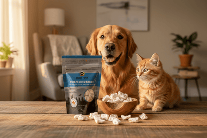 Freeze dried rabbit snacks for cats and dogs by Shades of Gray Indigenous Pet Treats, natural single-ingredient treats in home setting with happy pets