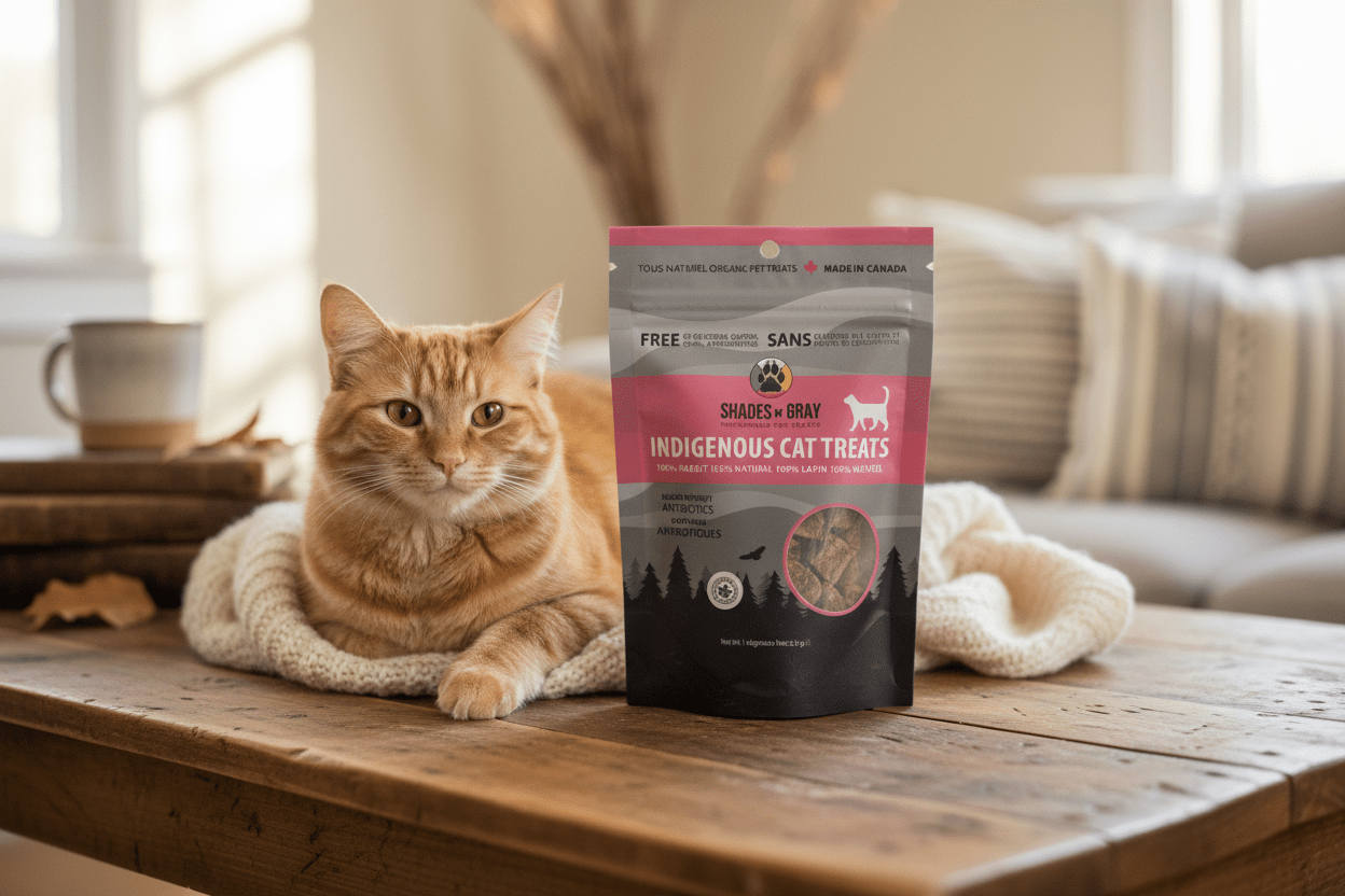 Indigenous rabbit cat treats in sealed package by Shades of Gray, natural single-ingredient treats for cats in cozy home setting with happy cat