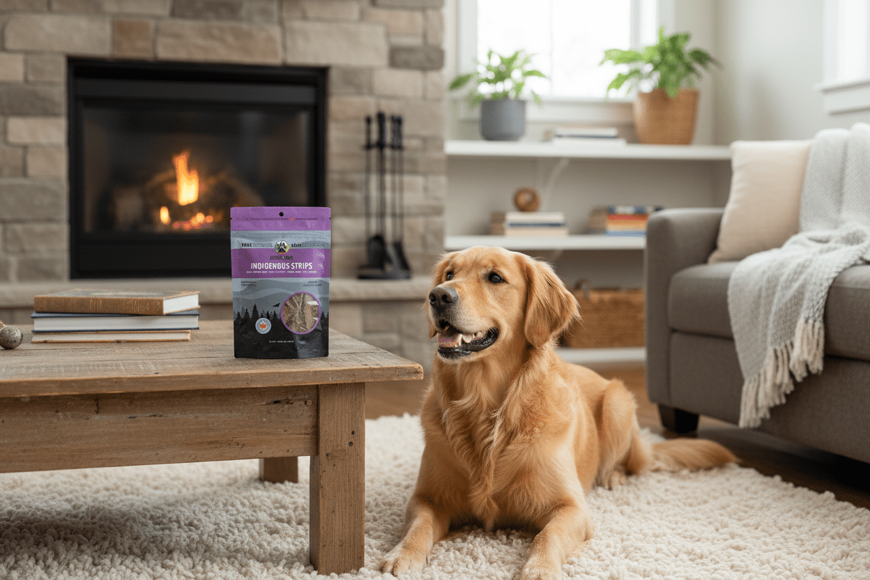 Indigenous rabbit strips dog treats in sealed package by Shades of Gray, natural Canadian-made pet treats in cozy home setting with dog