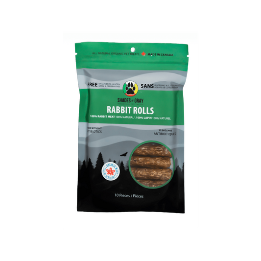 Front of a green Shades of Gray Rabbit Rolls bag, 10 pieces, single-ingredient rabbit dog treats made from 100% rabbit. Raised without antibiotics, Ontario Made.