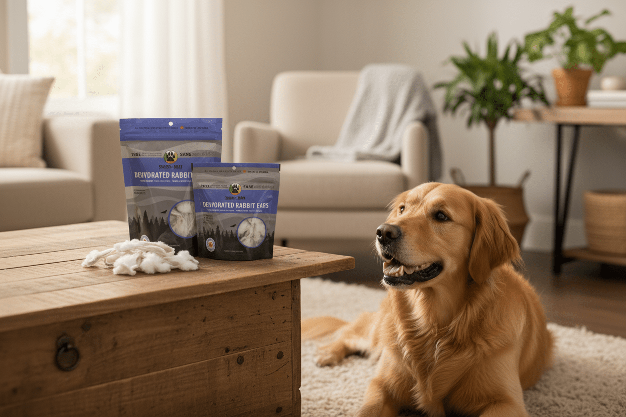 Dehydrated rabbit ears dog treats with packaging by Shades of Gray Indigenous Pet Treats, natural single-ingredient chews in home setting with happy dog