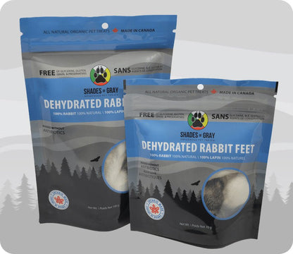 Rabbit Feet Pet Treats made with organic all natural 100% rabbit, for your cats and dogs. Free of Glycerine, Gluten, Grain & Preservatives. Simply Dehydrated.