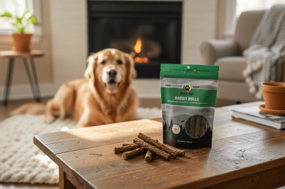 Rabbit roll dog treats with packaging showing horizontal rolls in bag, Indigenous-made natural pet treats by Shades of Gray in lifestyle home setting with dog