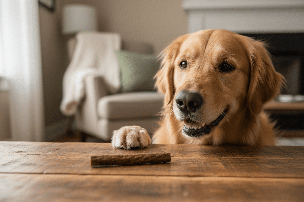 Natural rabbit roll dog treat from Shades of Gray Indigenous Pet Treats on wooden surface with happy dog in cozy home setting
