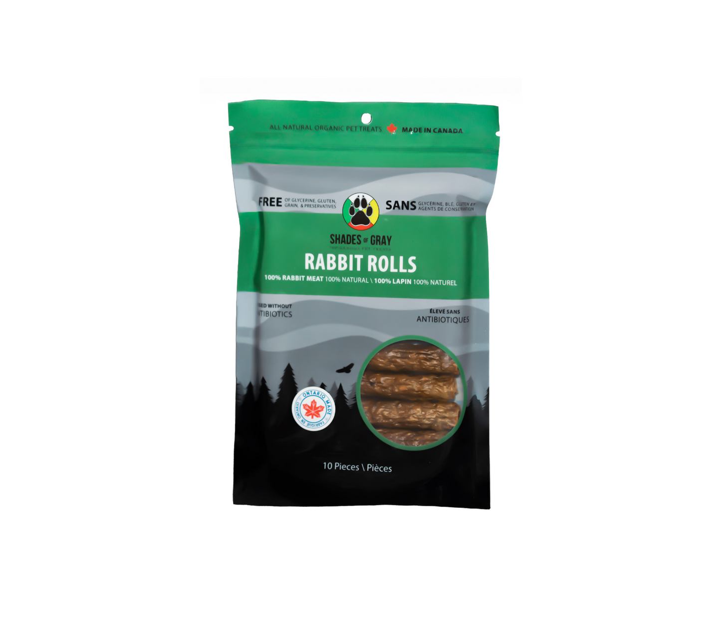Shades of Gray Rabbit Rolls - single-ingredient, Canadian-sourced rabbit treats for dogs and cats, resealable bag with product window showing rolled treats