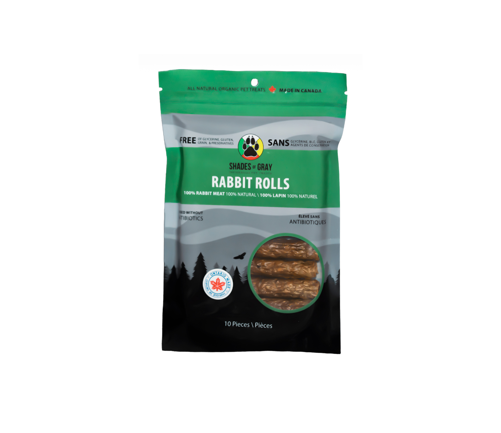 Shades of Gray Rabbit Rolls - single-ingredient, Canadian-sourced rabbit treats for dogs and cats, resealable bag with product window showing rolled treats