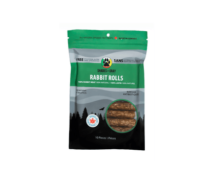 Shades of Gray Rabbit Rolls - single-ingredient, Canadian-sourced rabbit treats for dogs and cats, resealable bag with product window showing rolled treats