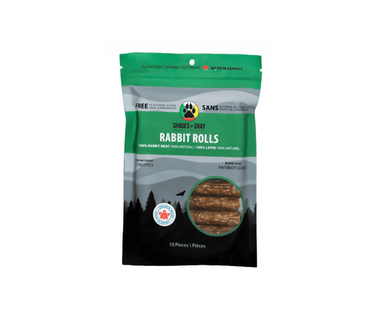 Shades of Gray Rabbit Rolls - single-ingredient, Canadian-sourced rabbit treats for dogs and cats, resealable bag with product window showing rolled treats