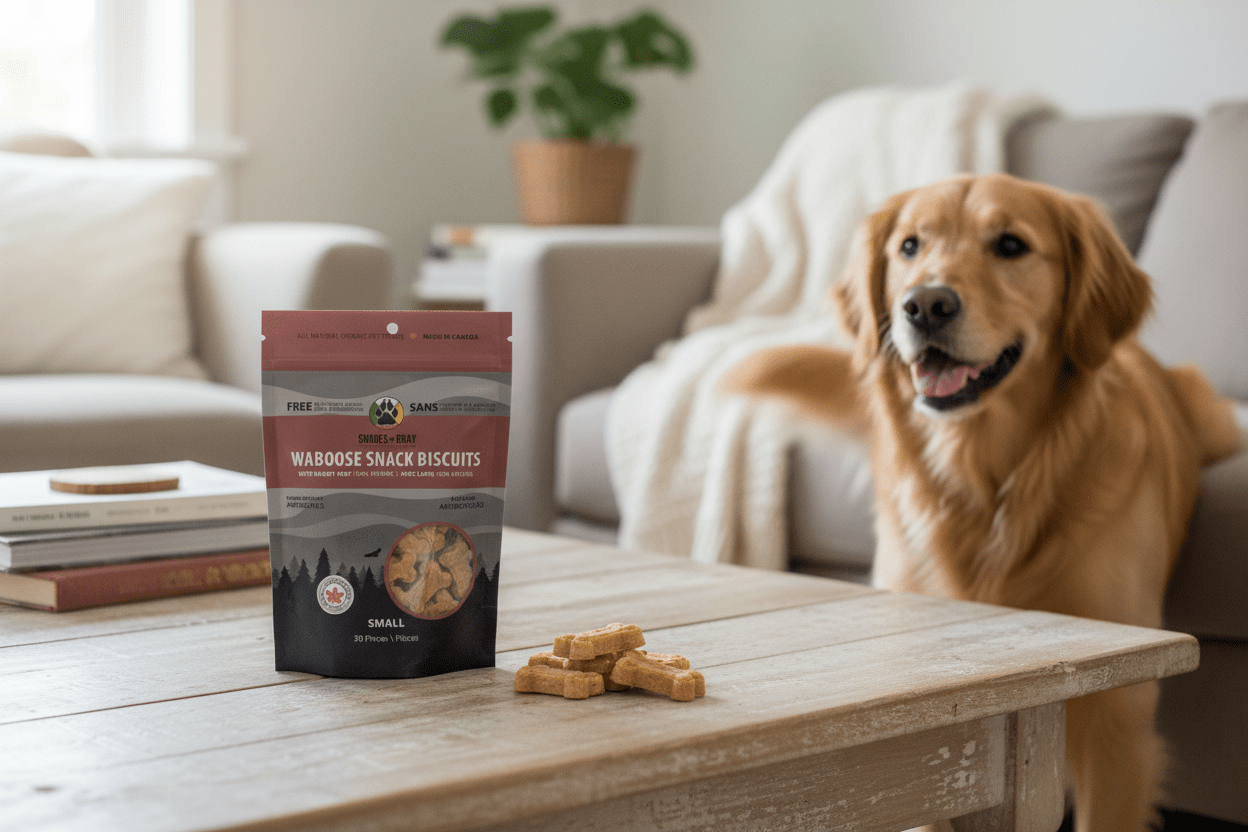 Waboose dehydrated rabbit biscuits dog treats with packaging by Shades of Gray Indigenous Pet Treats, natural Canadian-made biscuits in home setting with happy dog