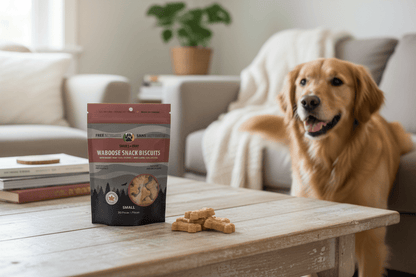 Waboose dehydrated rabbit biscuits dog treats with packaging by Shades of Gray Indigenous Pet Treats, natural Canadian-made biscuits in home setting with happy dog