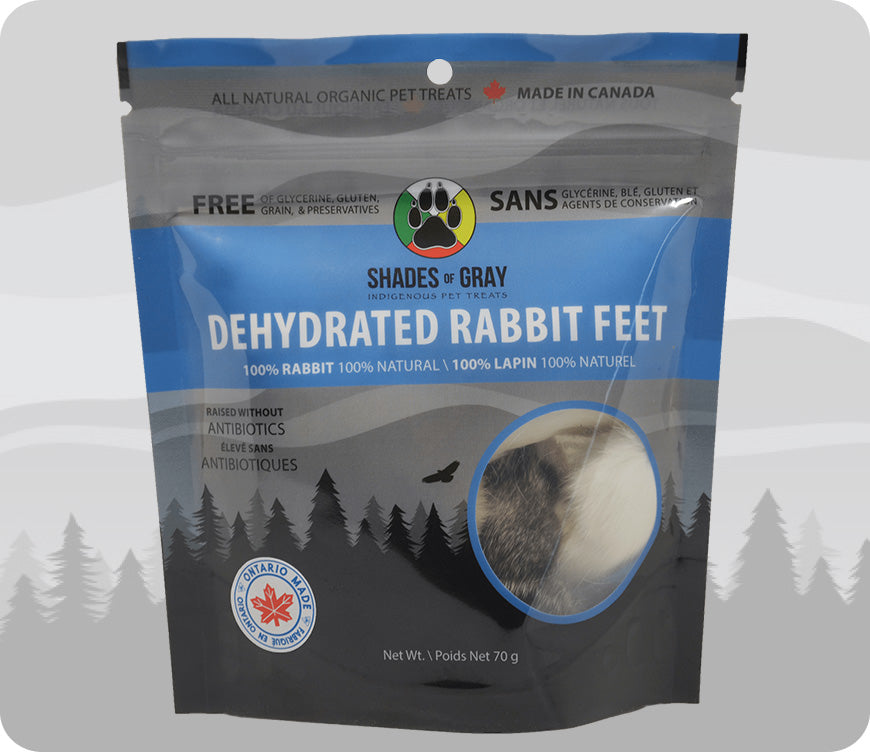 Rabbit Feet Pet Treats made with organic all natural 100% rabbit, for your cats and dogs. Free of Glycerine, Gluten, Grain & Preservatives. Simply Dehydrated.
